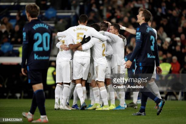 Players of Real Madrid celebrate after Federico Valverde's goal scoring during the Spanish league football match between Real Madrid CF and Real...