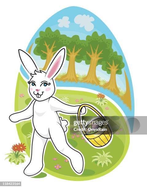 easter bunny with basket (vector) - easter basket stock illustrations