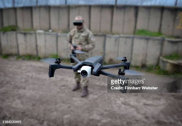 The Parrot Anafi UAS UAV or drone is flown by a soldier as the British Army demonstrate the latest and future technology used on operations across...