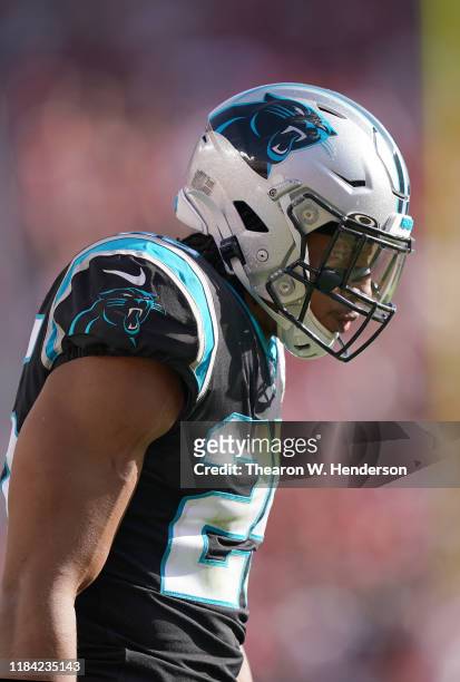 Eric Reid of the Carolina Panthers looks on and reacts after he was called for pass interference in the endzone against the San Francisco 49ers...