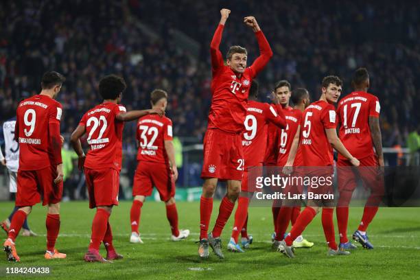 Thomas Muller of FC Bayern Munich celebrates after scoring his team's second goal during the DFB Cup second round match between VfL Bochum and Bayern...