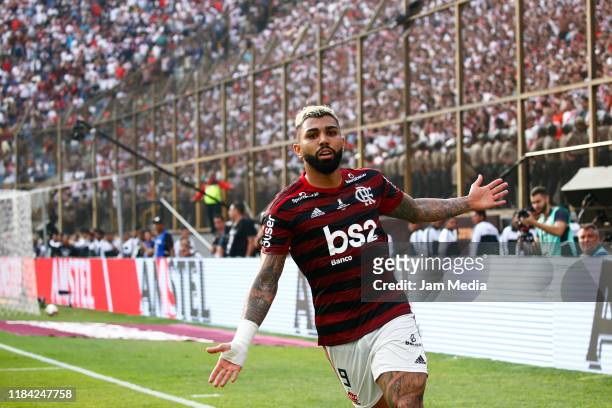 Gabriel Barbosa of Flamengo celebrates after scoring his side's first goal during the final match of Copa CONMEBOL Libertadores 2019 between Flamengo...