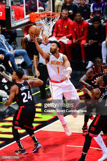 Evan Turner of the Atlanta Hawks shoots the ball against the Toronto Raptors on November 23, 2019 at State Farm Arena in Atlanta, Georgia. NOTE TO...