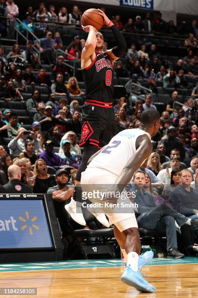 Zach LaVine of the Chicago Bulls shoots the game winning shot against the Charlotte Hornets on November 23, 2019 at Spectrum Center in Charlotte,...