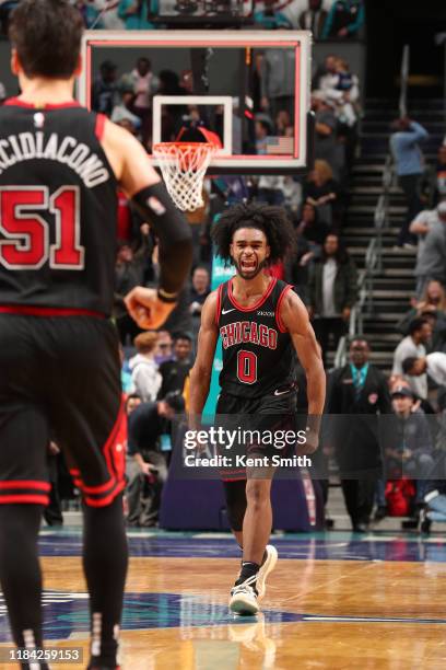 Coby White of the Chicago Bulls reacts to a play against the Charlotte Hornets on November 23, 2019 at Spectrum Center in Charlotte, North Carolina....
