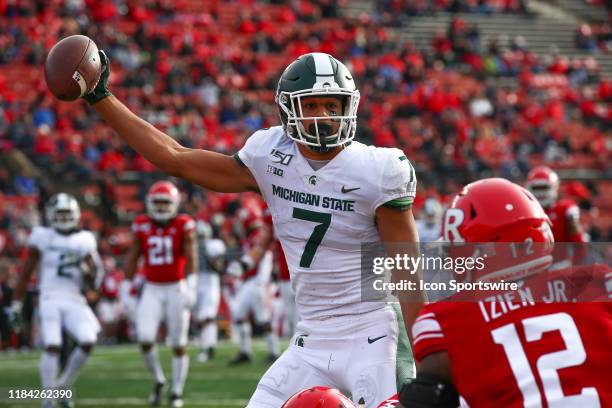 Michigan State Spartans wide receiver Cody White reacts after making a catch during the college football game between the Rutgers Scarlet Knights and...