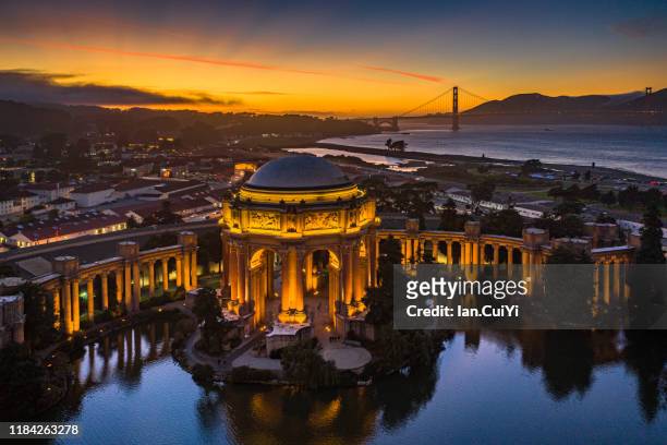 palace of fine arts at night with reflection with the golden gate bridge in the background, san francisco, california, usa. (dusk) - golden gate bridge night 個照片及圖片檔