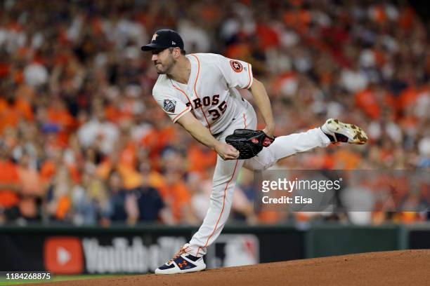 Justin Verlander of the Houston Astros delivers the pitch against the Washington Nationals during the first inning in Game Six of the 2019 World...