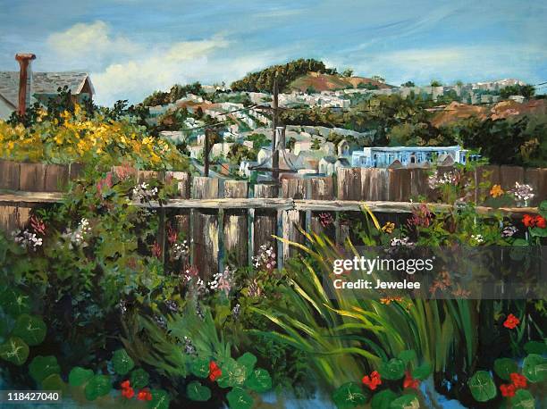 backyard blick auf san francisco - san francisco stock-grafiken, -clipart, -cartoons und -symbole