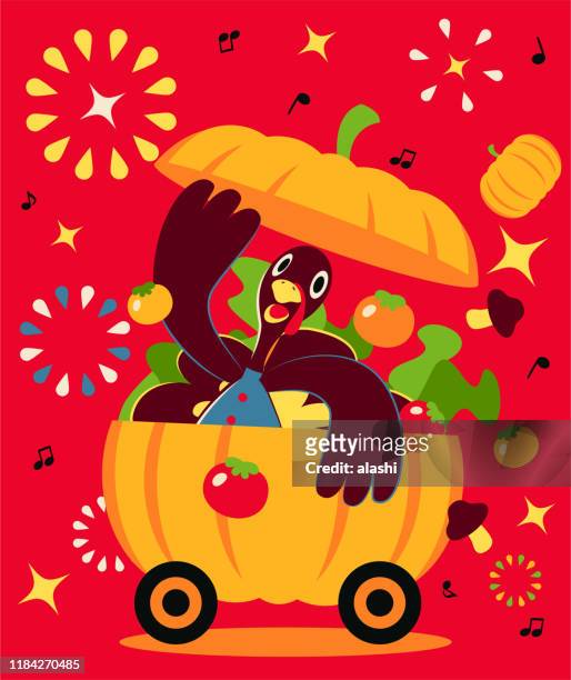 smiling turkey in a big pumpkin vehicle for thanksgiving day parade - thanksgiving parade stock illustrations