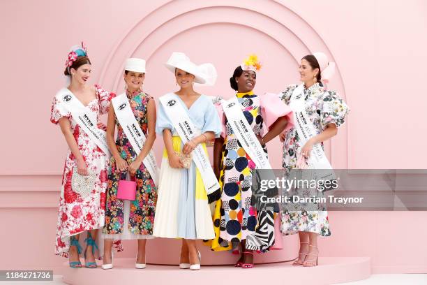 National Finalists of Myer Fashions pose for a photo at Flemington Racecourse on October 30, 2019 in Melbourne, Australia. The Melbourne Cup Carnival...