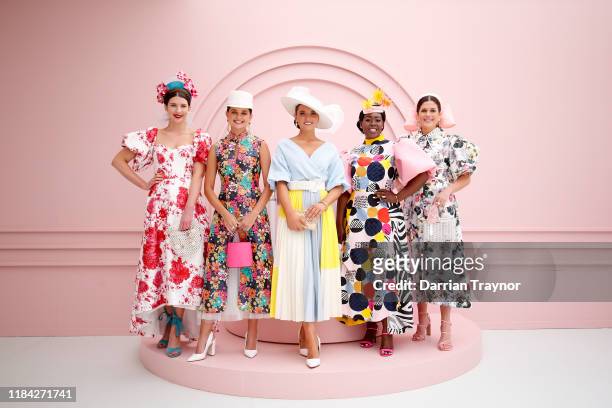 National Finalists of Myer Fashions pose for a photo at Flemington Racecourse on October 30, 2019 in Melbourne, Australia. The Melbourne Cup Carnival...