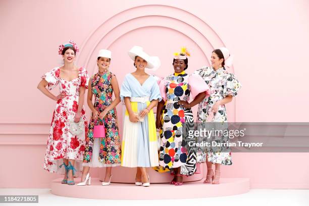 National Finalists of Myer Fashions pose for a photo at Flemington Racecourse on October 30, 2019 in Melbourne, Australia. The Melbourne Cup Carnival...