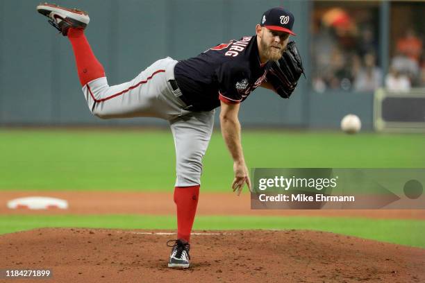 Stephen Strasburg of the Washington Nationals delivers the pitch against the Houston Astros during the first inning in Game Six of the 2019 World...