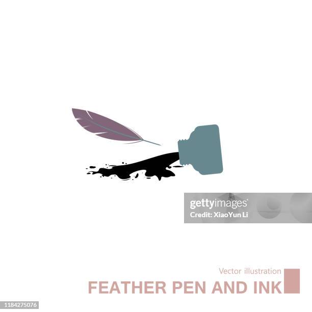 ilustraciones, imágenes clip art, dibujos animados e iconos de stock de pluma de pluma dibujada vectorialmente. - pluma tintero