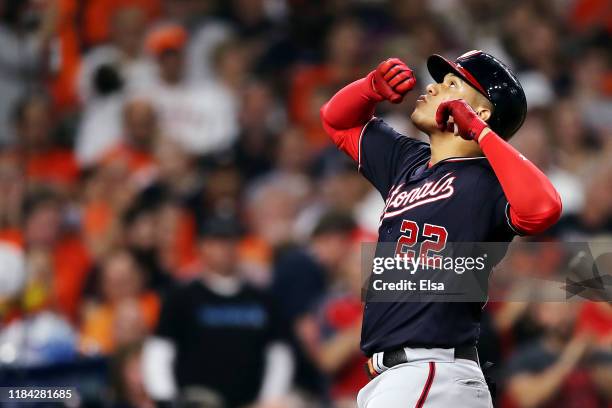 Juan Soto of the Washington Nationals celebrates after hitting a solo home run against the Houston Astros during the fifth inning in Game Six of the...