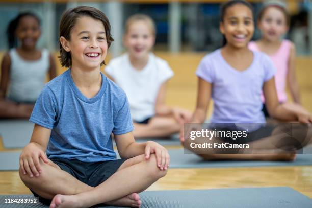 estudiantes de primaria multiétnicas que se estiran en la clase de gimnasio foto de archivo - yoga ball fotografías e imágenes de stock