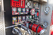 Valves and hose connections on side of Fire Truck