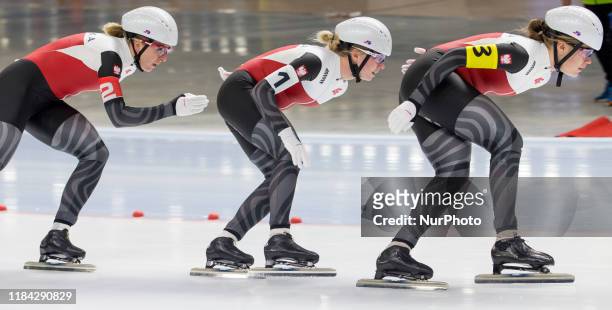 Natalia Czerwonka, Karolina Bosiek and Karolina Gasecka of Poland compete during the ISU Speed Skating World Cup in Tomaszow Mazowiecki, Poland, on...