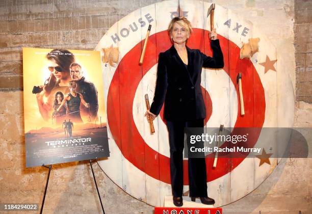 Linda Hamilton attends an axe throwing event prior to the "Terminator: Dark Fate" Screening at the ArcLight Hollywood on October 29, 2019 in...