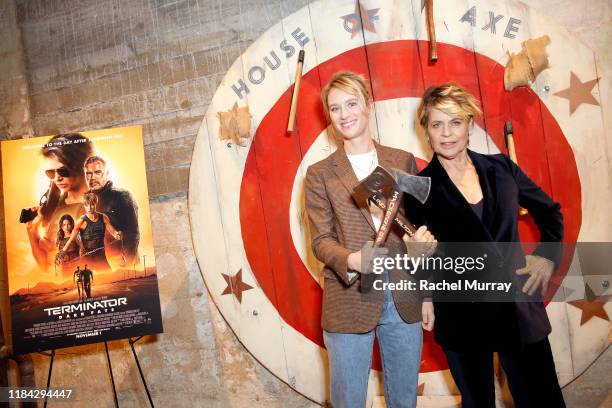 Mackenzie Davis and Linda Hamilton attend an axe throwing event prior to the "Terminator: Dark Fate" Screening at the ArcLight Hollywood on October...