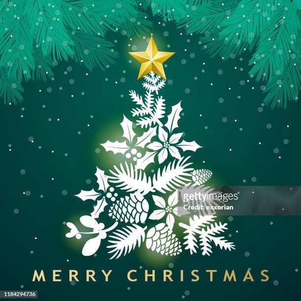 white christmas tree with pine leaves - poinsettia stock illustrations
