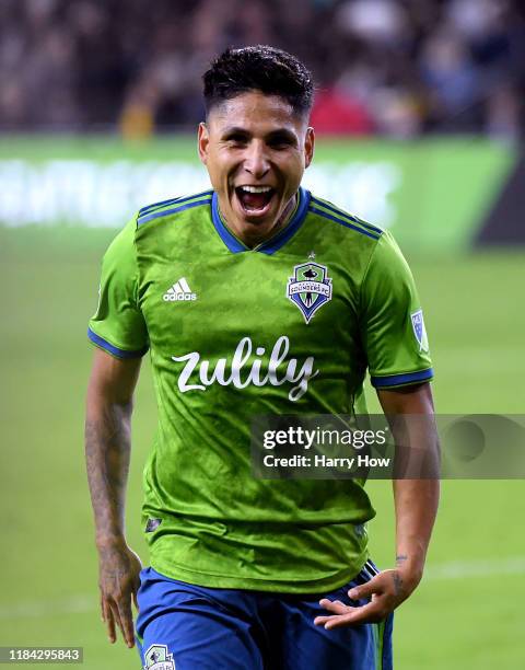 Raul Ruidiaz of Seattle Sounders celebrates his goal against Los Angeles FC, to take a 3-1 lead, during the second half during the Western Conference...
