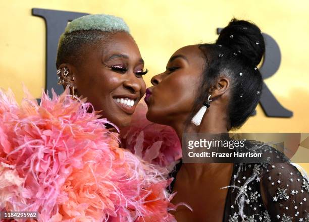 Cynthia Erivo and Janelle Monáe attend the Premiere Of Focus Features' "Harriet" at The Orpheum Theatre on October 29, 2019 in Los Angeles,...