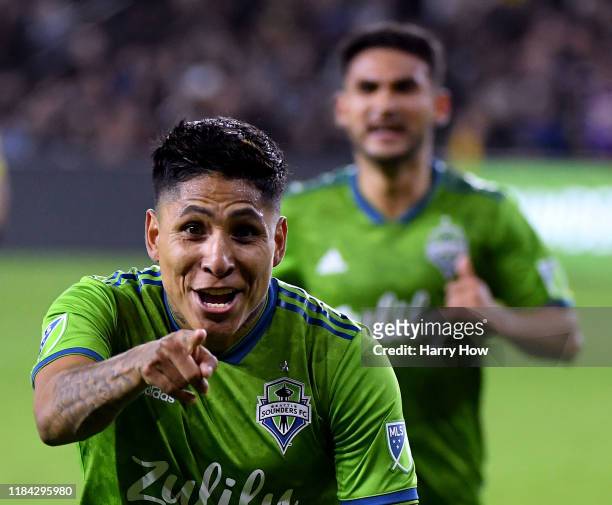 Raul Ruidiaz of Seattle Sounders celebrates his goal against Los Angeles FC, to take a 3-1 lead, during the second half during the Western Conference...