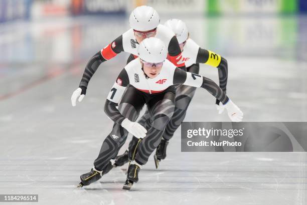 Karolina Bosiek, Natalia Czerwonka and Karolina Gasecka of Poland compete during the ISU Speed Skating World Cup in Tomaszow Mazowiecki, Poland, on...