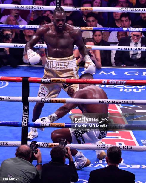 Deontay Wilder delivers the KO hit on Luis Ortiz in the 7 round at MGM Grand Garden Arena on November 23, 2019 in Las Vegas, United States. Deontay...