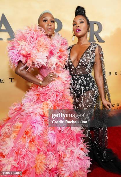 Cynthia Erivo and Janelle Monáe attend the premiere of Focus Features' "Harriet" at The Orpheum Theatre on October 29, 2019 in Los Angeles,...