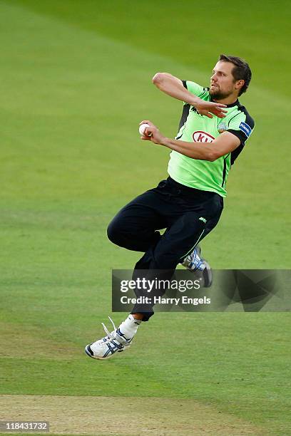 Dirk Nannes of Surrey in action during the Friends Life T20 match between Middlesex and Surrey at Lord's Cricket Ground on July 7, 2011 in London,...