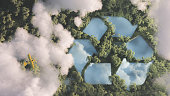 Eco friendly waste management concept. Recyclyling sign in a lake shape in the middle of dense amazonian rainforest vegetation viewed from high above clouds with small yellow airplane. 3d rendering.