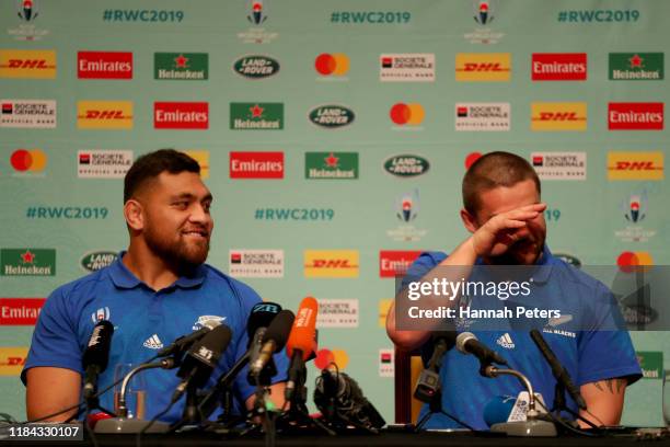 Atu Moli looks on as Dane Coles of the All Blacks cries during a New Zealand All Blacks press conference on October 30, 2019 in Tokyo, Japan.