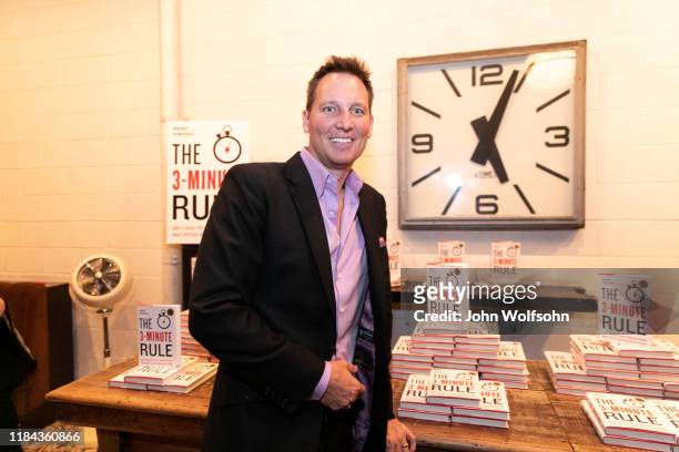Brant Pindivic displays his books at his red carpet event featuring business influencers, celebrities and leading network executives gather to...