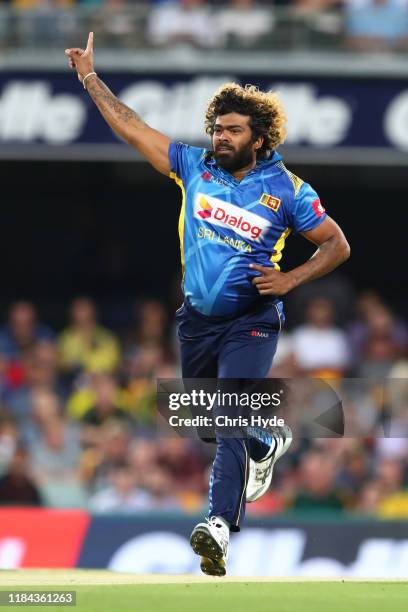 Lasitha Malinga of Sri Lanka celebrates dismissing Aaron Finch of Australia during game two of the Men's International Twenty20 series between...