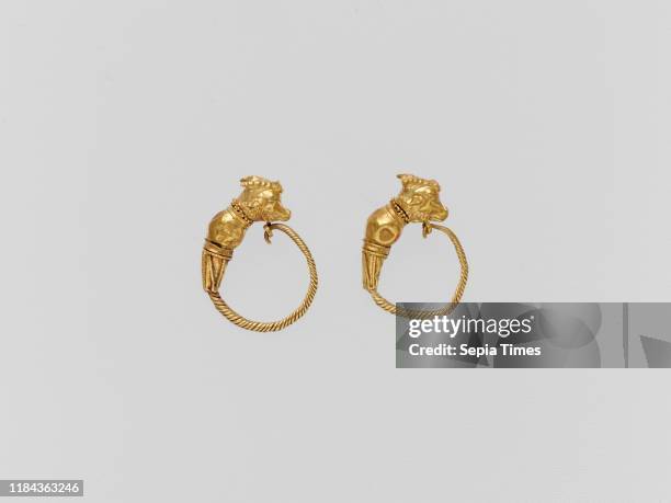 Gold earring with head of a goat, Classical or Hellenistic, 4th?3rd century B.C., Greek, Gold, Other: 1 in. , Gold and Silver, Circlet of twisted...