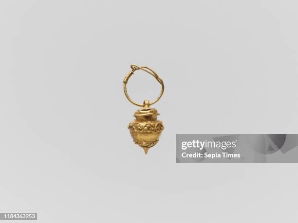 Gold vase-shaped pendant, Classical, 5th-4th century B.C., Cypriot or Greek, Gold, Other: 1 1/8 in. , Gold and Silver, Earring of the loop type with...