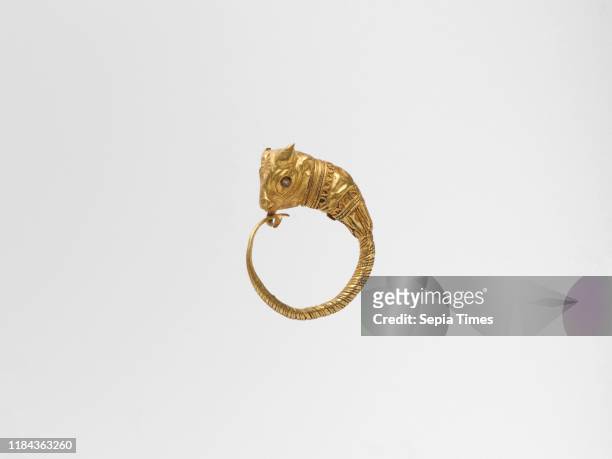 Gold earrings with bull's head, Classical or Hellenistic, 4th-3rd century B.C., Greek, Gold, Diam.: 1 5/16 in. , Gold and Silver, Circlet of twisted...
