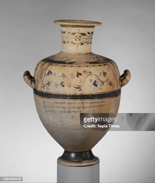 Terracotta Hadra hydria , Hellenistic, 226-225 B.C., Greek, Ptolemaic, Cretan, Terracotta, H.: 16 5/8 x 10 1/2 in. , Vases, The inscription on the...