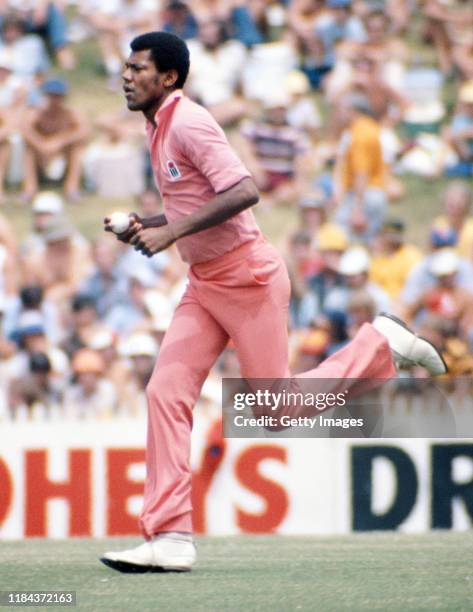 Colin Croft of WSC West Indies bowling in Pink clothing during the 1st One Day International of the World Series Cricket International Cup between...