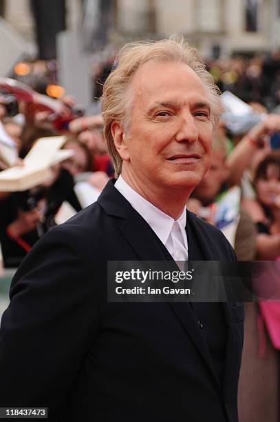 Alan Rickman attends the World Premiere of Harry Potter and The Deathly Hallows - Part 2 at Trafalgar Square on July 7, 2011 in London, England.