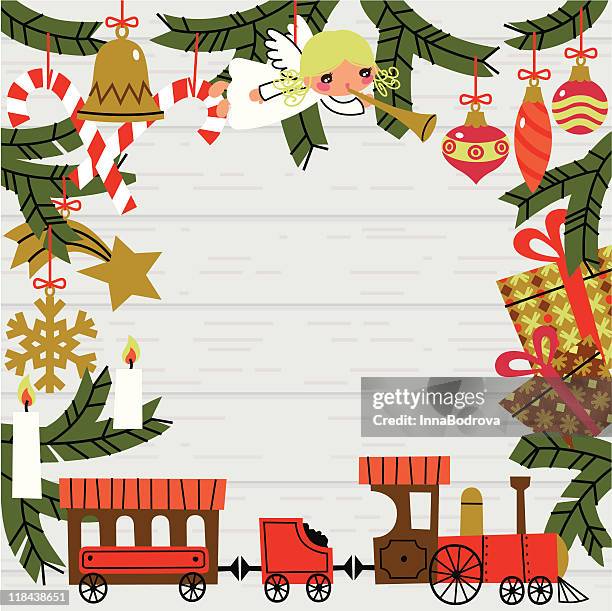 stockillustraties, clipart, cartoons en iconen met christmas frame. - christmas toys wooden background