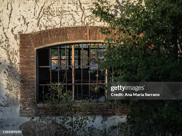 trellis wooden window with broken glass on the facade of an abandoned house in an abandoned city in the province of salamanca (spain). rural depopulation concept - the house of spirits stock pictures, royalty-free photos & images