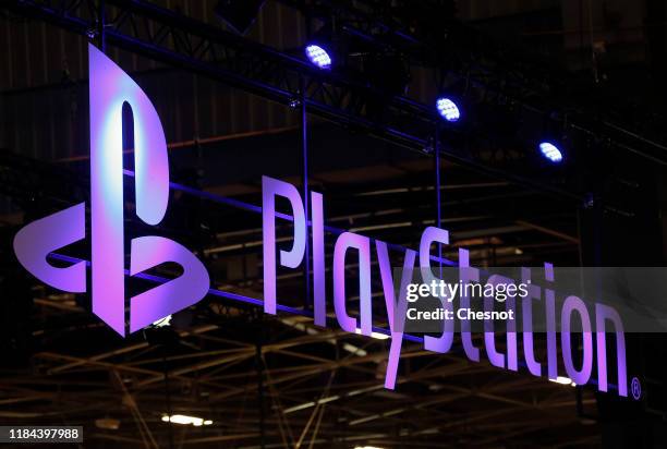The Sony PlayStation logo is displayed during the 'Paris Games Week' on October 30, 2019 in Paris, France. 'Paris Games Week' is an international...