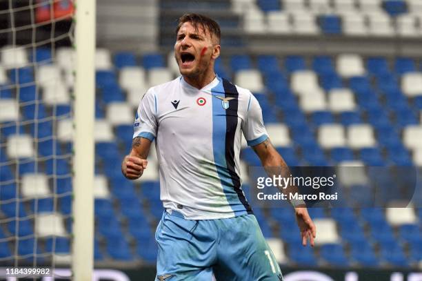 Ciro Immobile of SS Lazio celebrates a openig goal during the Serie A match between US Sassuolo and SS Lazio at Mapei Stadium - Citt del Tricolore...