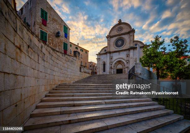 sunrise scene of cathedral of st james in sibenik, croatia - sibenik stock pictures, royalty-free photos & images
