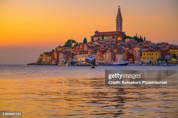 beautiful sunset with rovinj harbor, istria region, croatia, europe - istria stock pictures, royalty-free photos & images