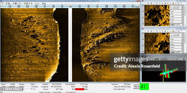 Virtual view of the seabed scanned by the side-scan sonar on October 06, 2019 off the Atlantic Ocean, French Guyana.